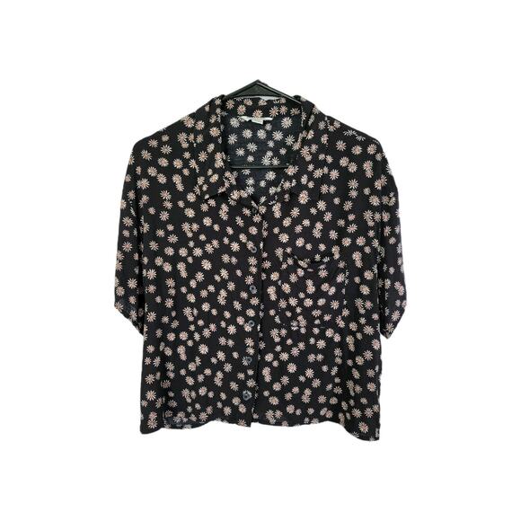 American Eagle Ditsy Floral Feminine Blouse Womens M Black Flower Cottagecore - Picture 1 of 8
